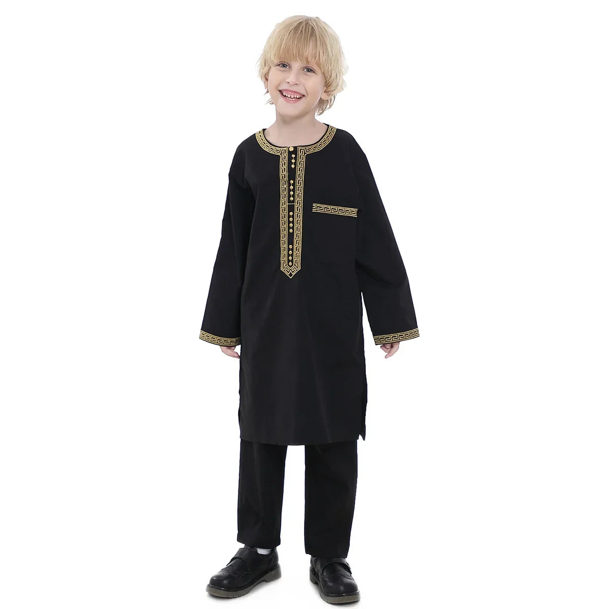 Muslim Children Robe 2 Pieces Set Kids Boy round Neck Long Sleeve Printed Dress Shirt Abaya Kaftan Jubba Thobe Islamic Clothing