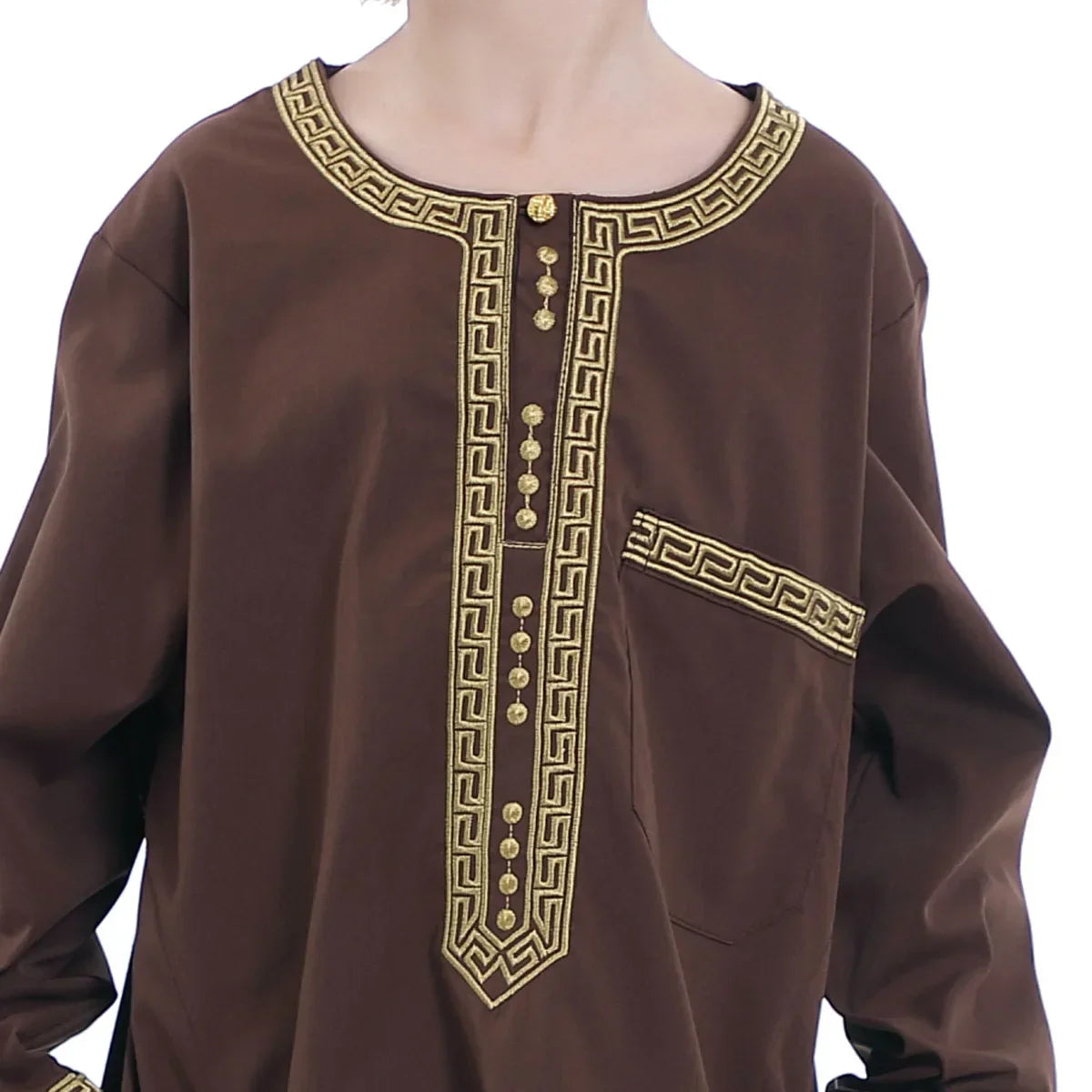 Muslim Children Robe 2 Pieces Set Kids Boy round Neck Long Sleeve Printed Dress Shirt Abaya Kaftan Jubba Thobe Islamic Clothing