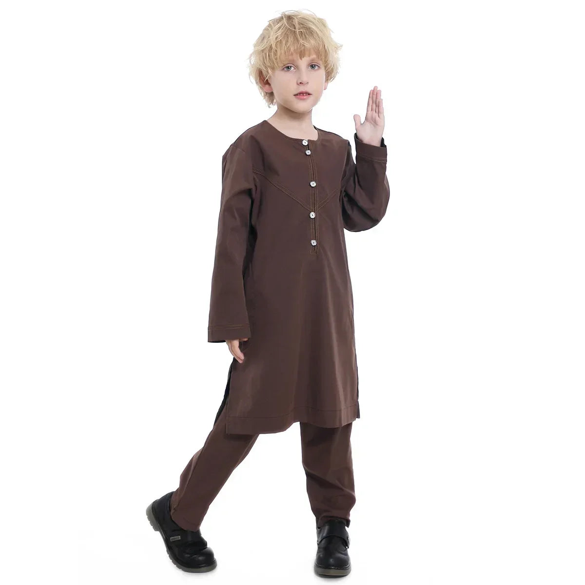 Muslim Children Robe 2 Pieces Set Kids Boy round Neck Long Sleeve Printed Dress Shirt Abaya Kaftan Jubba Thobe Islamic Clothing