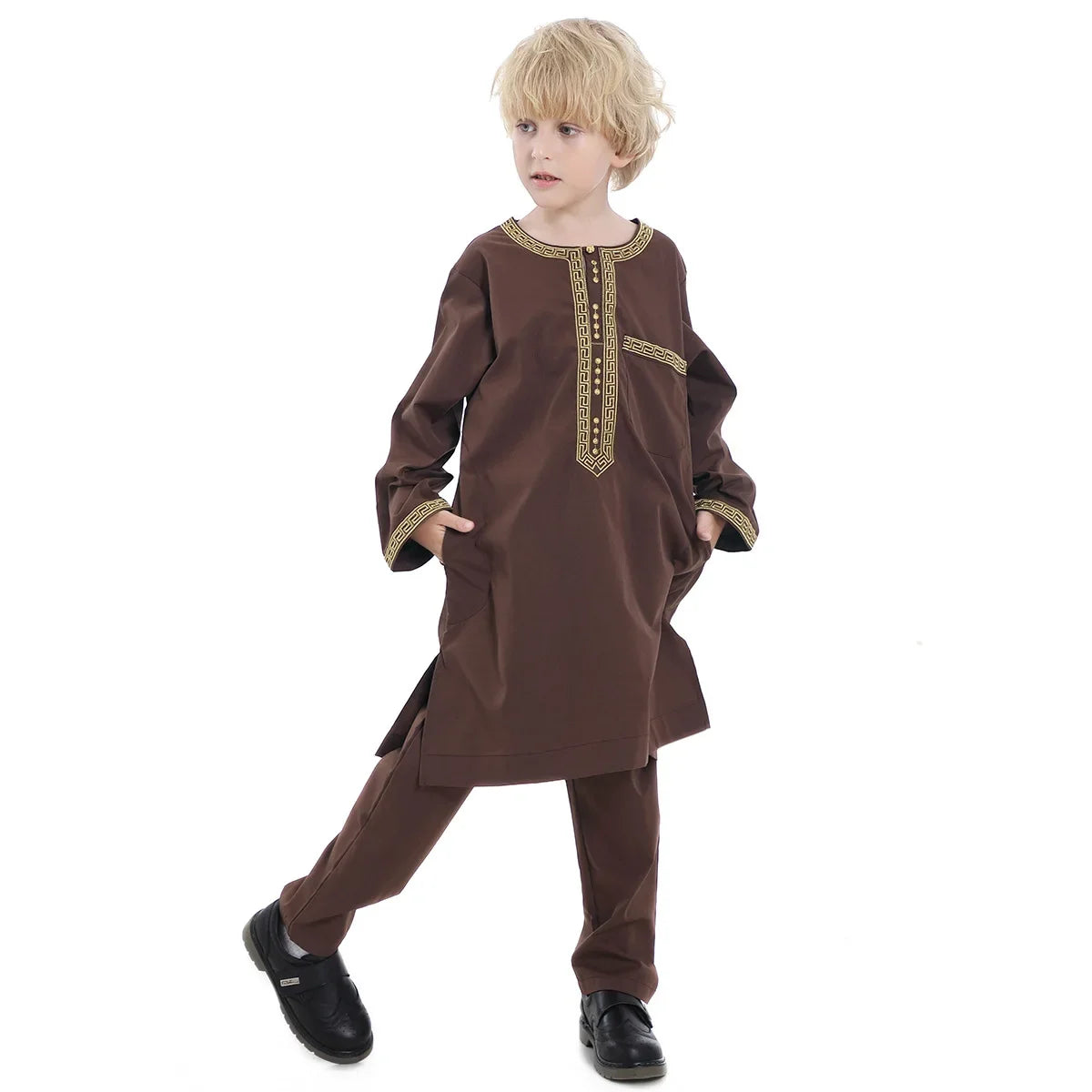 Muslim Children Robe 2 Pieces Set Kids Boy round Neck Long Sleeve Printed Dress Shirt Abaya Kaftan Jubba Thobe Islamic Clothing