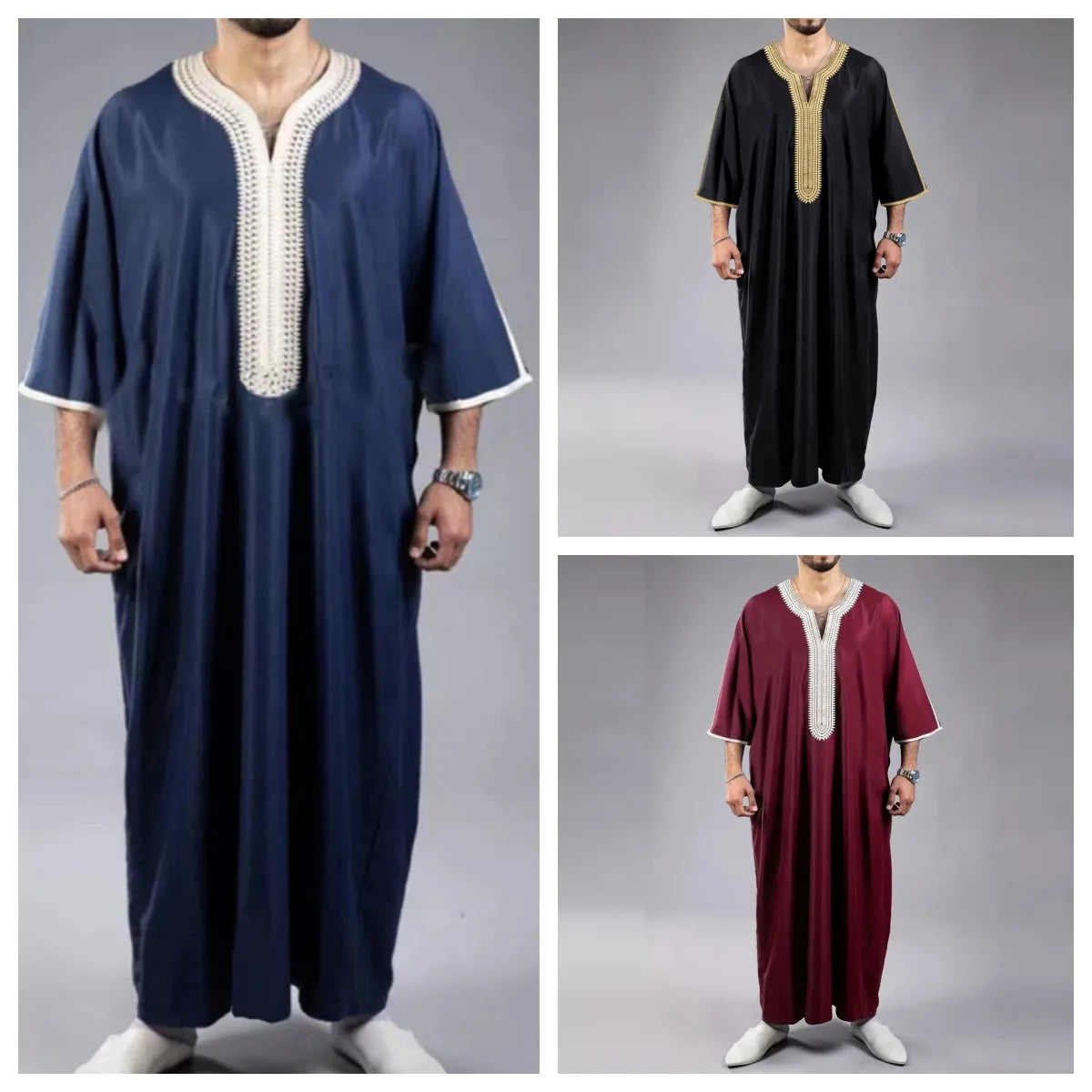 Summer 2025 Kaftan Muslim Men'S Short Sleeve Embroidered Loose Casual Robe Breathable Islamic Abaya for Men