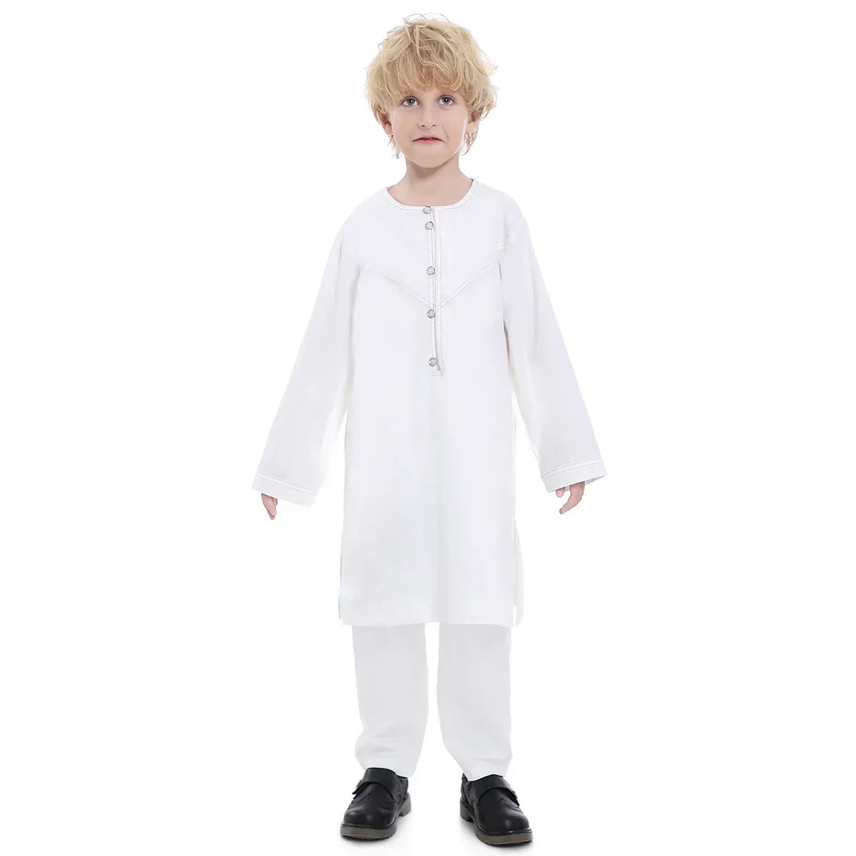 Muslim Children Robe 2 Pieces Set Kids Boy round Neck Long Sleeve Printed Dress Shirt Abaya Kaftan Jubba Thobe Islamic Clothing