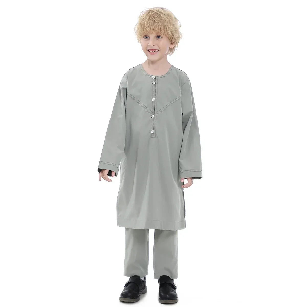 Muslim Children Robe 2 Pieces Set Kids Boy round Neck Long Sleeve Printed Dress Shirt Abaya Kaftan Jubba Thobe Islamic Clothing