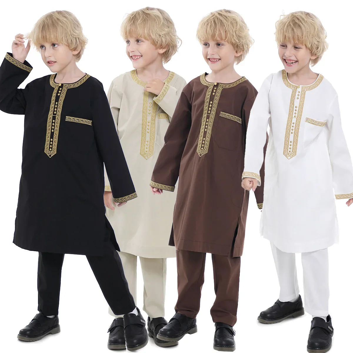Muslim Children Robe 2 Pieces Set Kids Boy round Neck Long Sleeve Printed Dress Shirt Abaya Kaftan Jubba Thobe Islamic Clothing