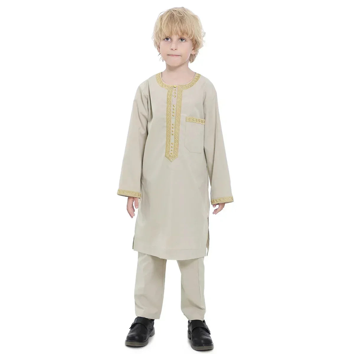 Muslim Children Robe 2 Pieces Set Kids Boy round Neck Long Sleeve Printed Dress Shirt Abaya Kaftan Jubba Thobe Islamic Clothing