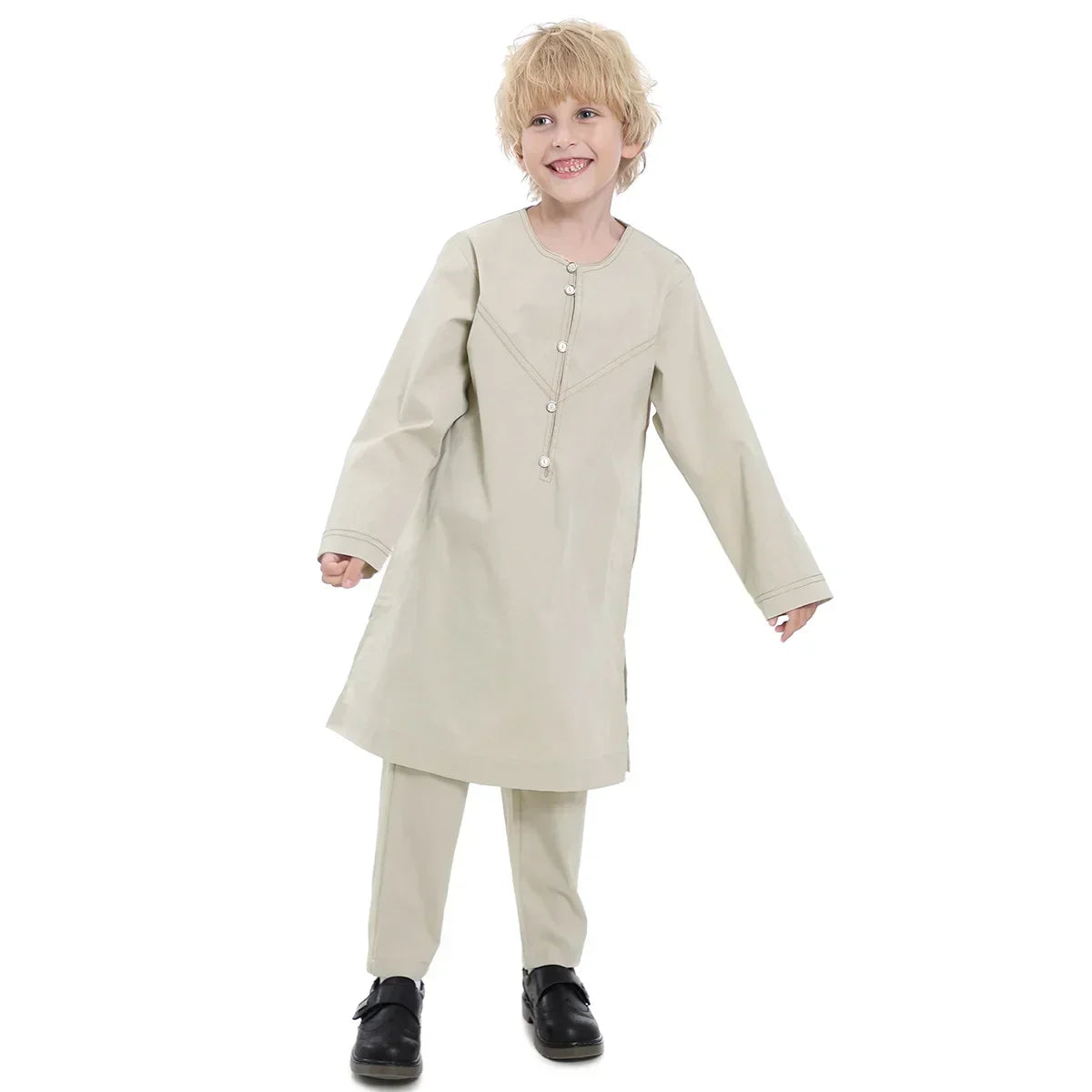 Muslim Children Robe 2 Pieces Set Kids Boy round Neck Long Sleeve Printed Dress Shirt Abaya Kaftan Jubba Thobe Islamic Clothing