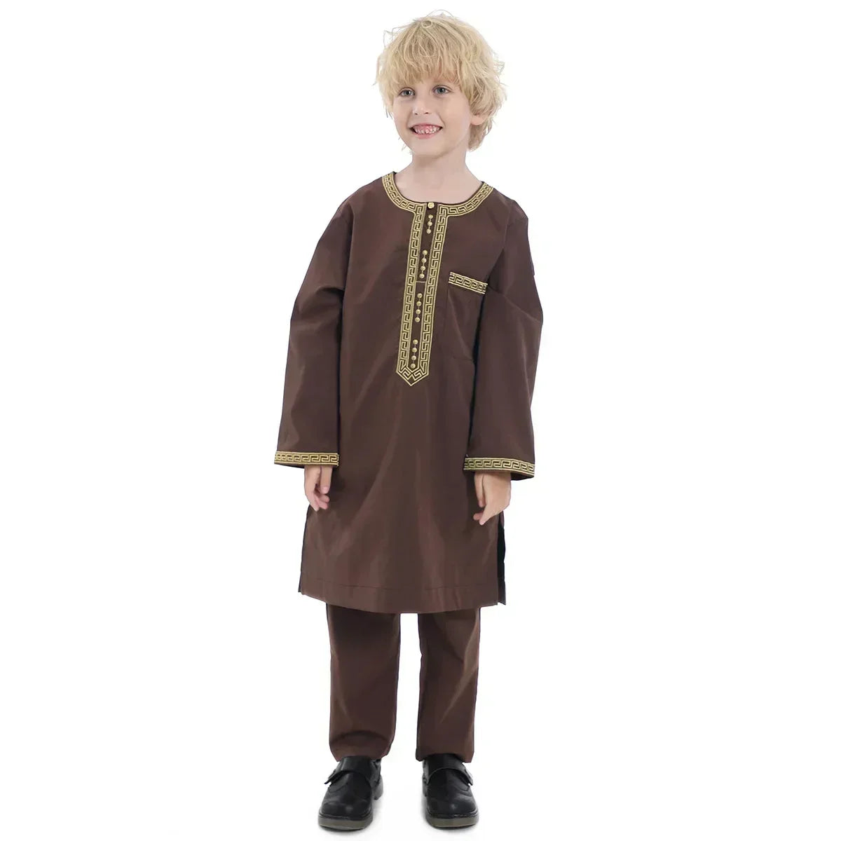 Muslim Children Robe 2 Pieces Set Kids Boy round Neck Long Sleeve Printed Dress Shirt Abaya Kaftan Jubba Thobe Islamic Clothing