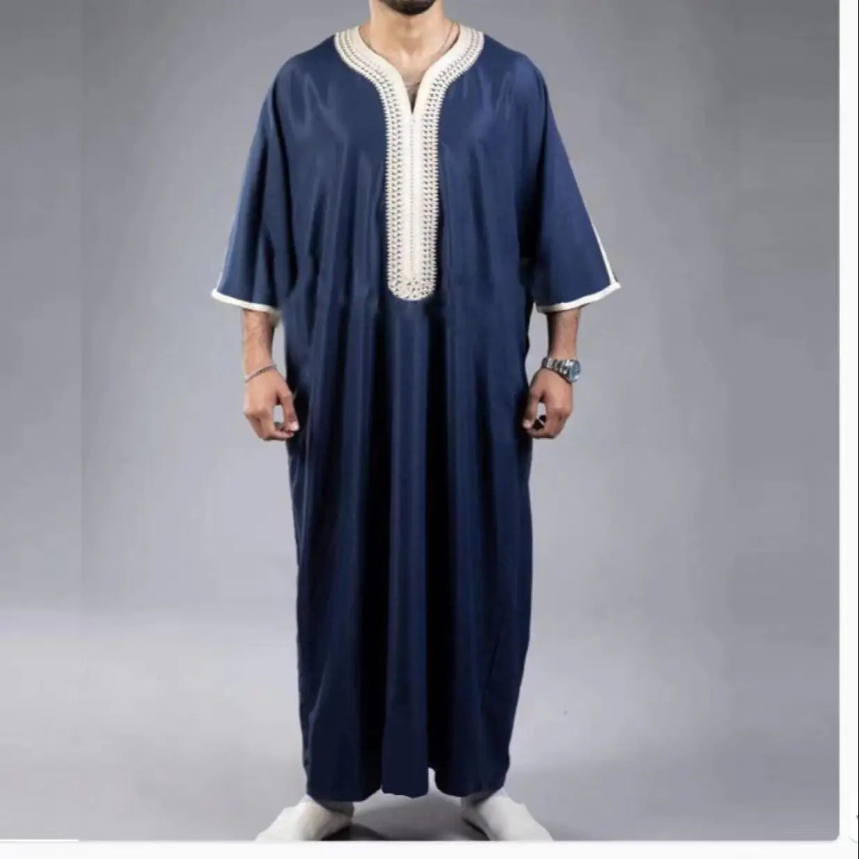 Summer 2025 Kaftan Muslim Men'S Short Sleeve Embroidered Loose Casual Robe Breathable Islamic Abaya for Men