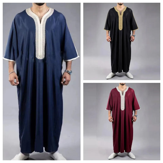 Summer 2025 Kaftan Muslim Men'S Short Sleeve Embroidered Loose Casual Robe Breathable Islamic Abaya for Men